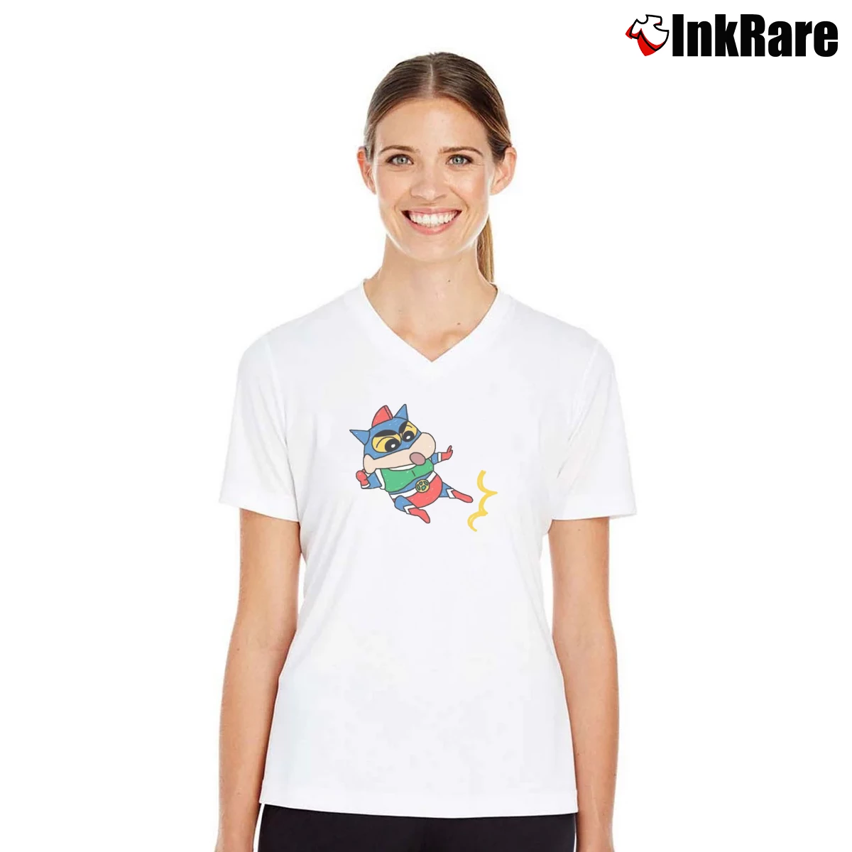 Women’s Action Kamen Cartoon Crayon Shin Chan V-Neck Tee in white | Chic Neckline, Soft Texture