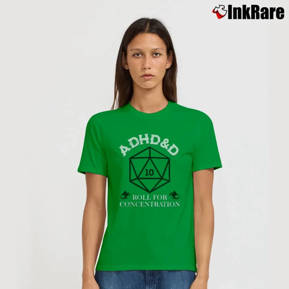Women’s Adhd Dungeons And Dragons Roll For Concentration Rpg Gaming Signature T-Shirt in irish green | Soft, Flattering Fit