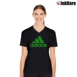 Women’s Adidas Logo Graphic V-Neck Tee in black | Chic Neckline, Soft Texture