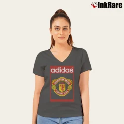 Women’s Adidas Manchester United Label V-Neck Tee in charcoal | Chic Neckline, Soft Texture