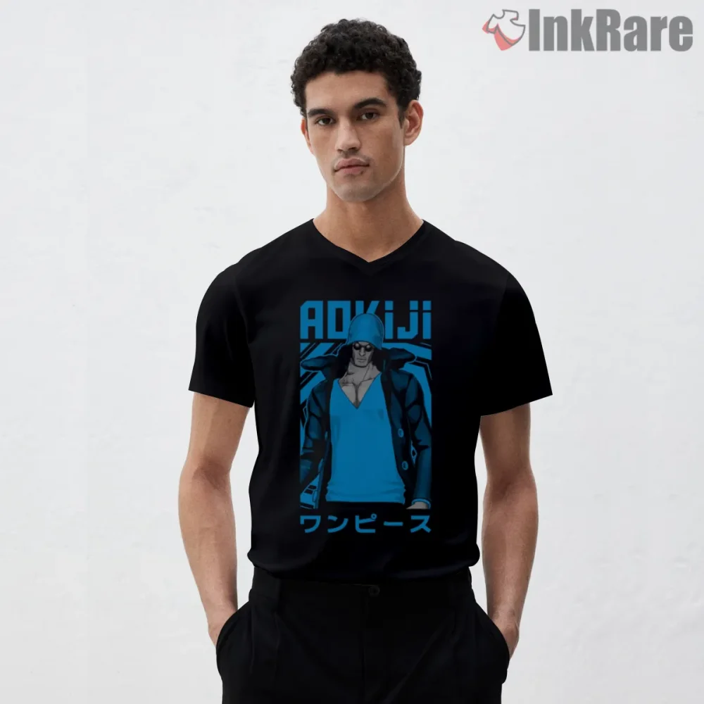 Admiral Aokiji Kuzan Ice Power Anime Shirt on black v-neck shirt for men graphic tee