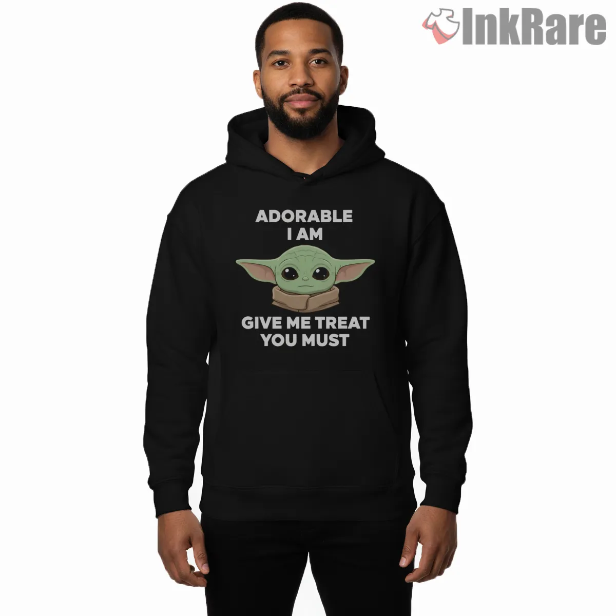 Adorable Yoda Treat Meme Shirt on black hoodie for men graphic tee