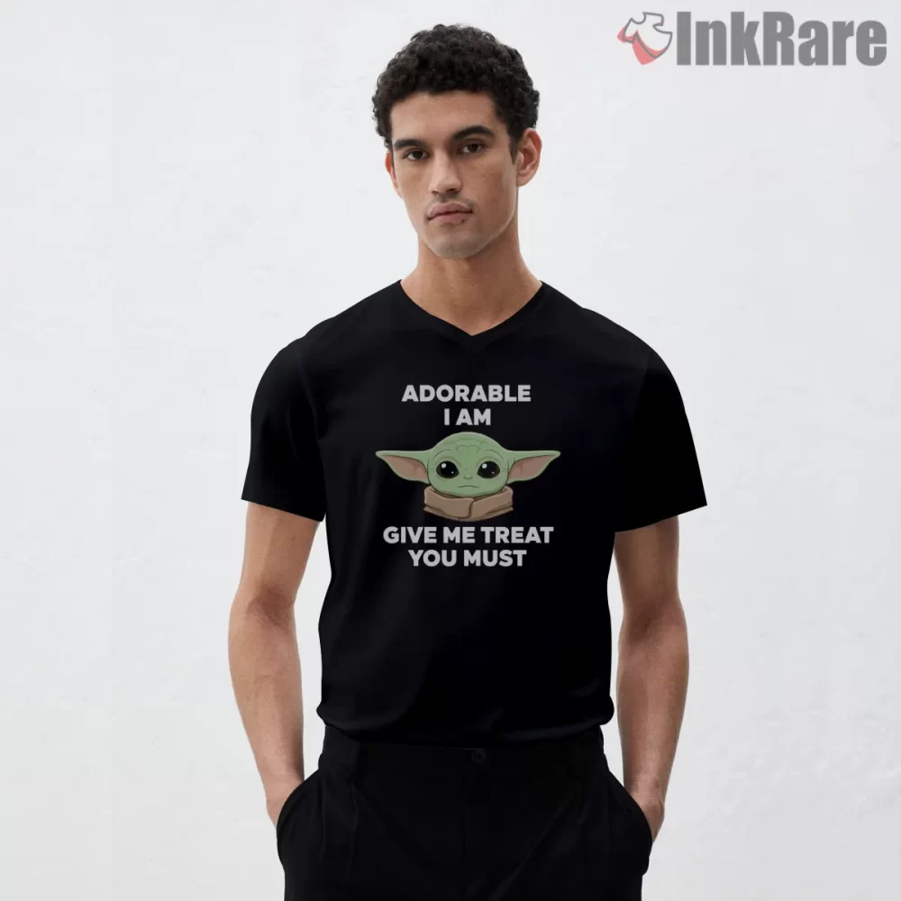 Adorable Yoda Treat Meme Shirt on black v-neck shirt for men graphic tee