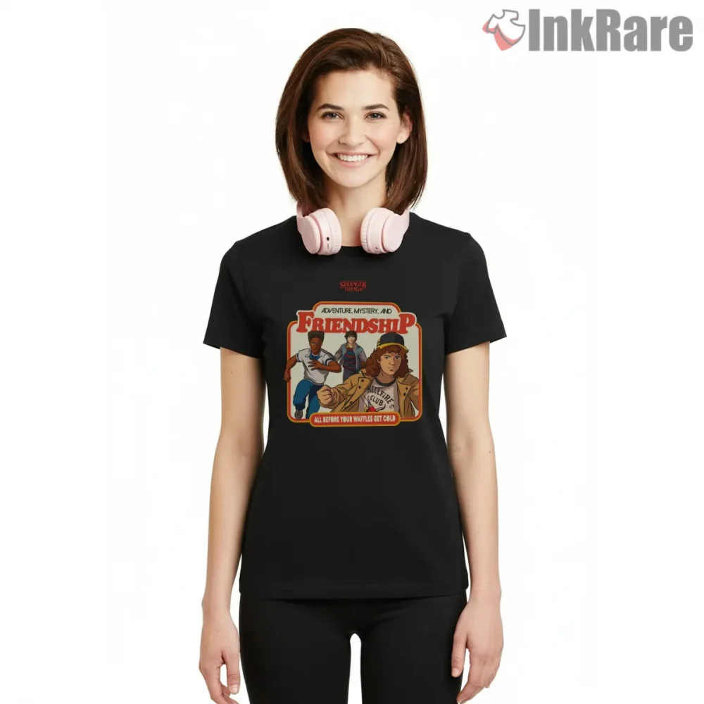 Adventure Mystery And Friendship Hawkins Heroes Shirt on black short sleeve shirt for women graphic tee