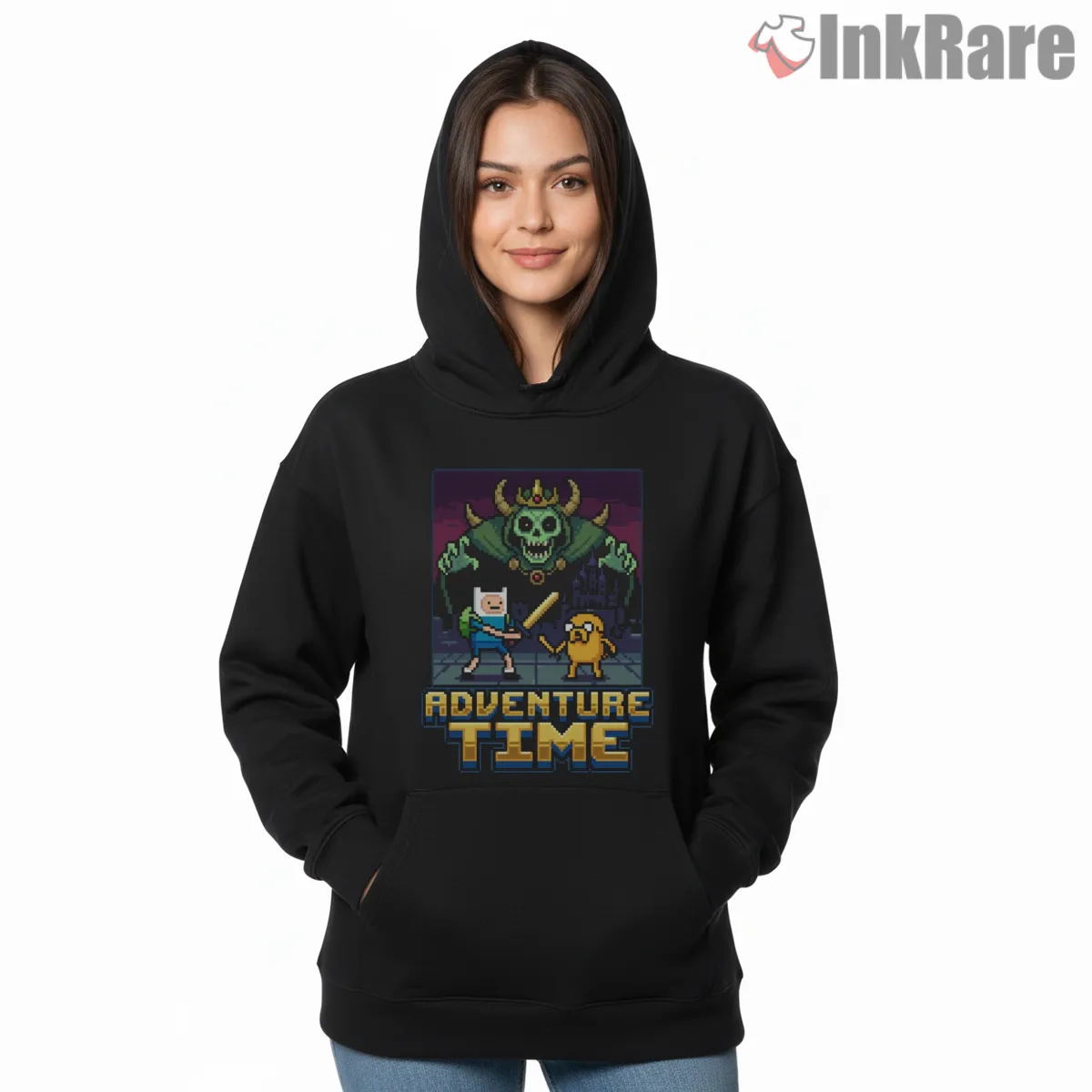 Adventure Time 8 Bit Pixel Dungeon Style Cartoon Hoodie Black Adventure Time 8 Bit Pixel Dungeon Style Cartoon Shirt on black hoodie for women graphic tee