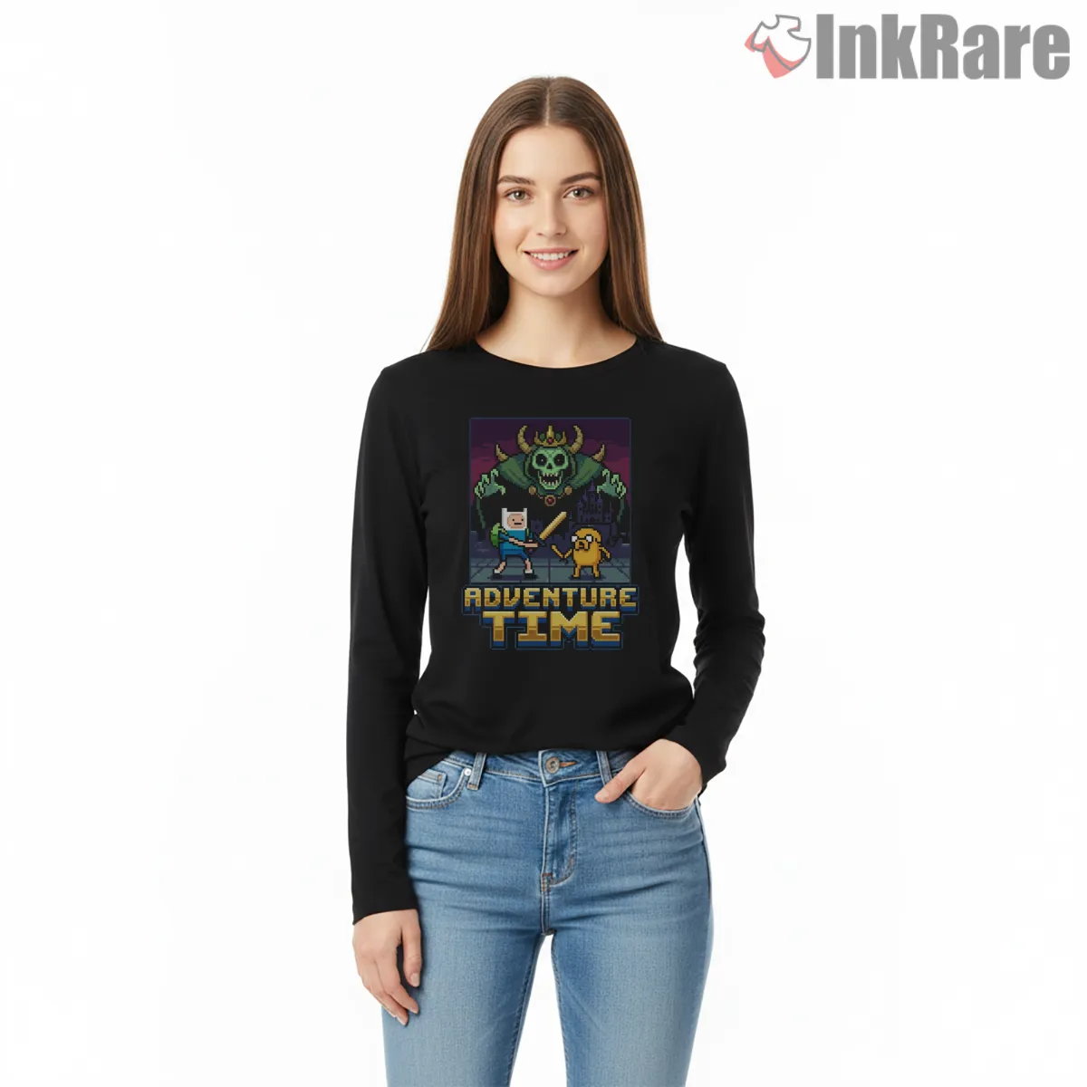 Adventure Time 8 Bit Pixel Dungeon Style Cartoon Shirt on black long sleeve shirt for women graphic tee