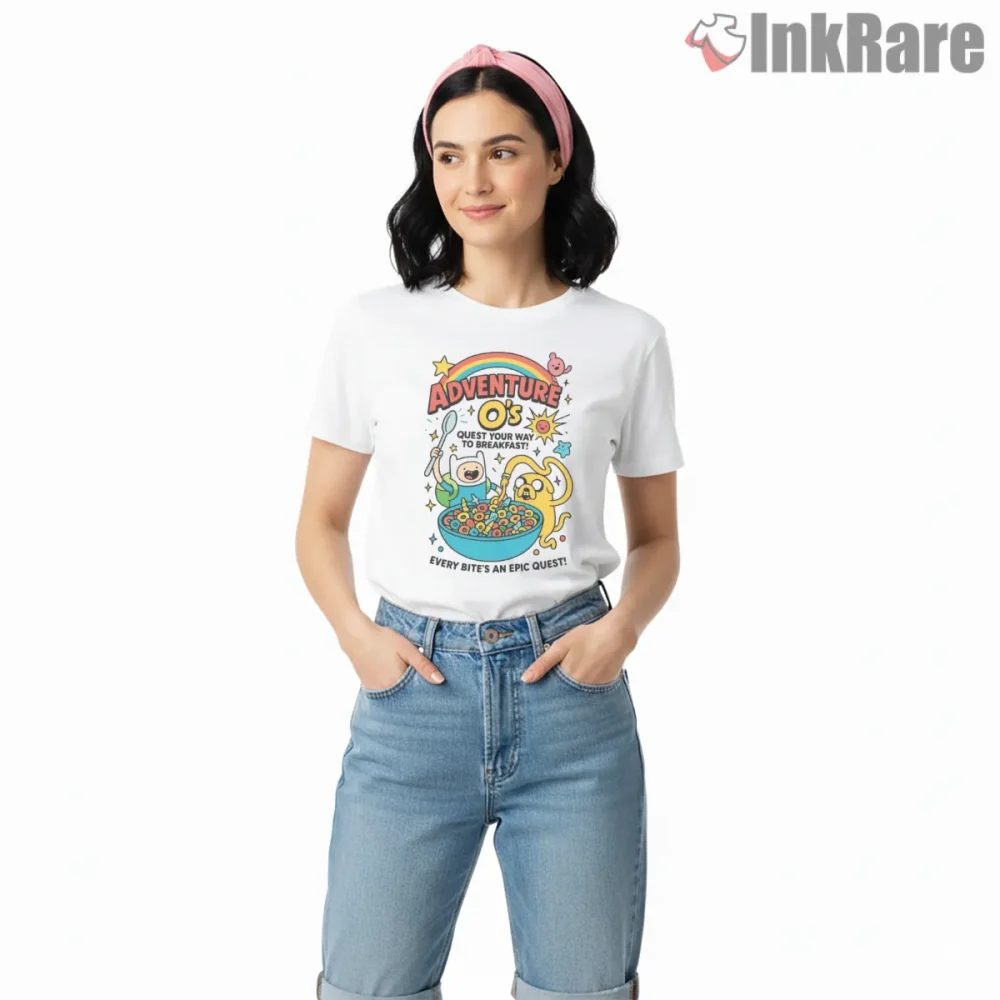 Adventure Time Cereal Box Parody Breakfast Cartoon Shirt on white short sleeve shirt for women graphic tee
