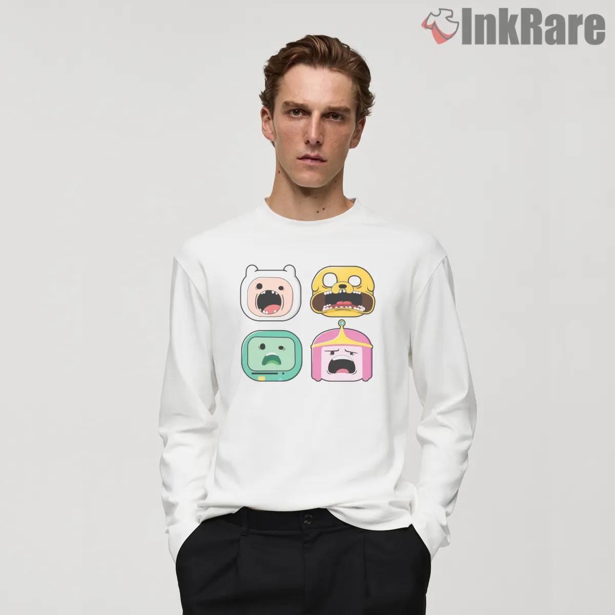 Adventure Time Character Expressions Grid Cartoon Long Sleeve White Adventure Time Character Expressions Grid Cartoon Shirt on white long sleeve shirt for men graphic tee