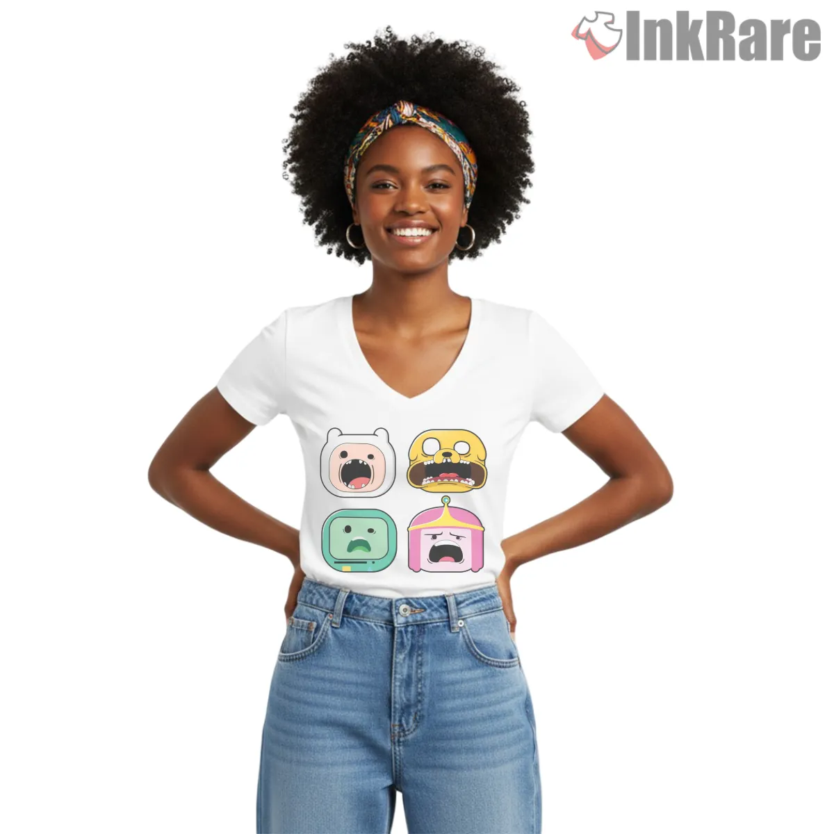 Adventure Time Character Expressions Grid Cartoon V Neck White Adventure Time Character Expressions Grid Cartoon Shirt on white v-neck shirt for women graphic tee