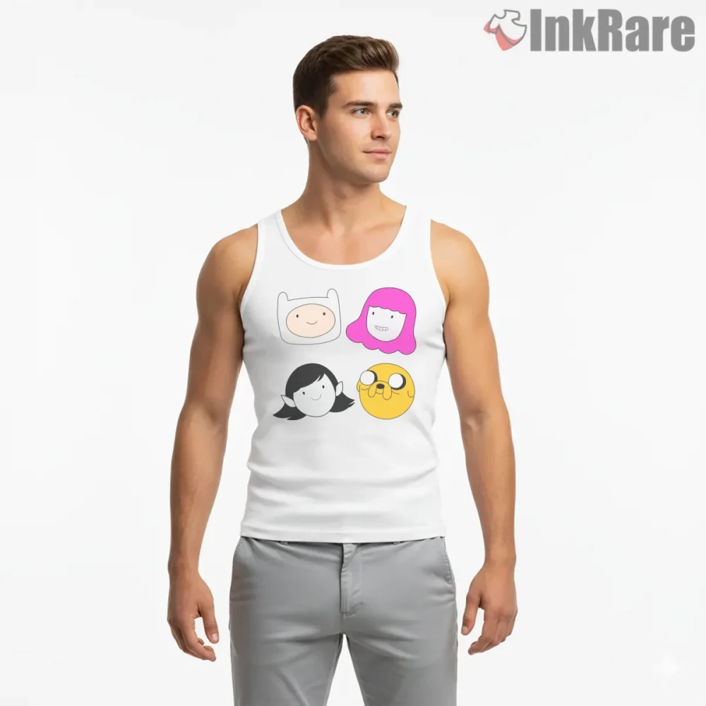 Adventure Time Character Faces Minimal Grid Cartoon Shirt on white tank top for men graphic tee