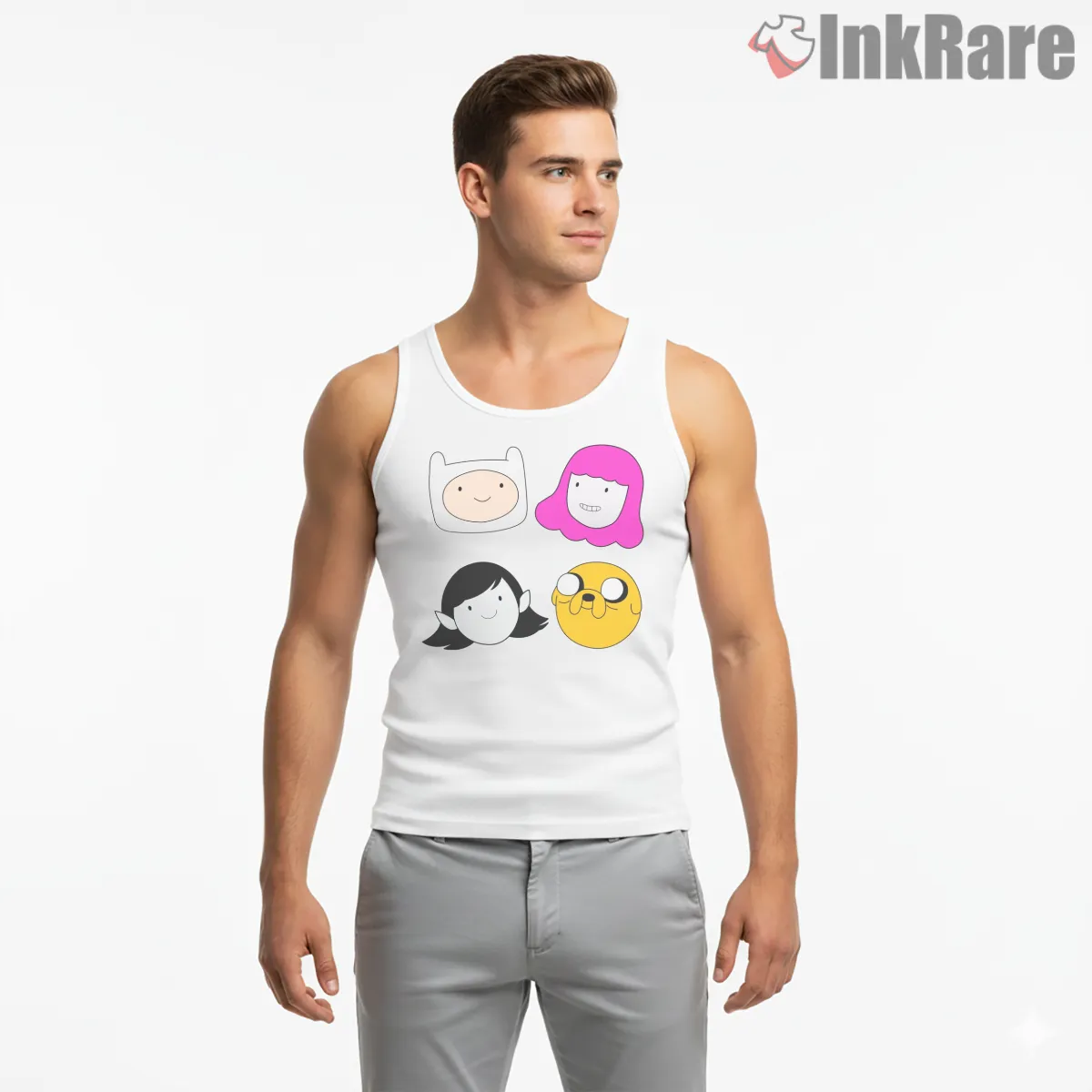 Adventure Time Character Faces Minimal Grid Cartoon Tank Top White Adventure Time Character Faces Minimal Grid Cartoon Shirt on white tank top for men graphic tee