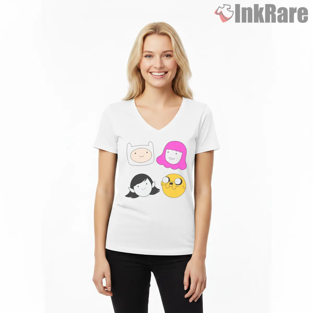 Adventure Time Character Faces Minimal Grid Cartoon V Neck White Adventure Time Character Faces Minimal Grid Cartoon Shirt on white v-neck shirt for women graphic tee