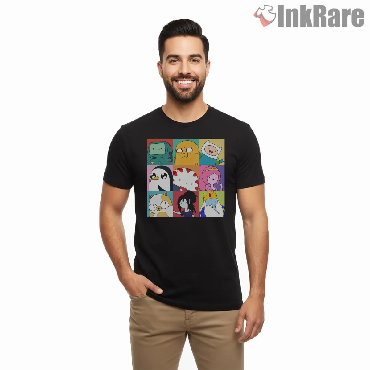 Adventure Time Character Grid Collage Color Block Cartoon Short Sleeve Black Adventure Time Character Grid Collage Color Block Cartoon Shirt on black short sleeve shirt for men graphic tee