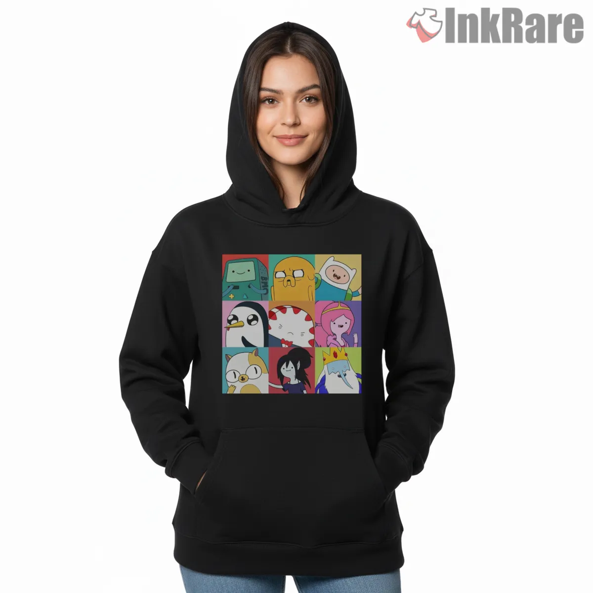 Adventure Time Character Grid Collage Color Block Cartoon Hoodie Black Adventure Time Character Grid Collage Color Block Cartoon Shirt on black hoodie for women graphic tee