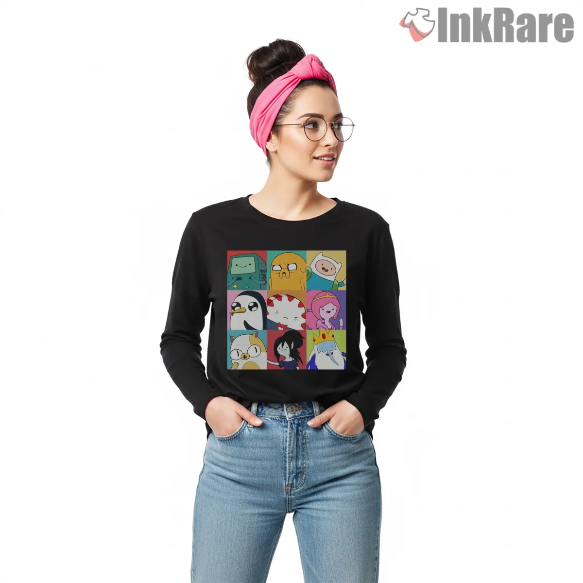 Adventure Time Character Grid Collage Color Block Cartoon Long Sleeve Black Adventure Time Character Grid Collage Color Block Cartoon Shirt on black long sleeve shirt for women graphic tee