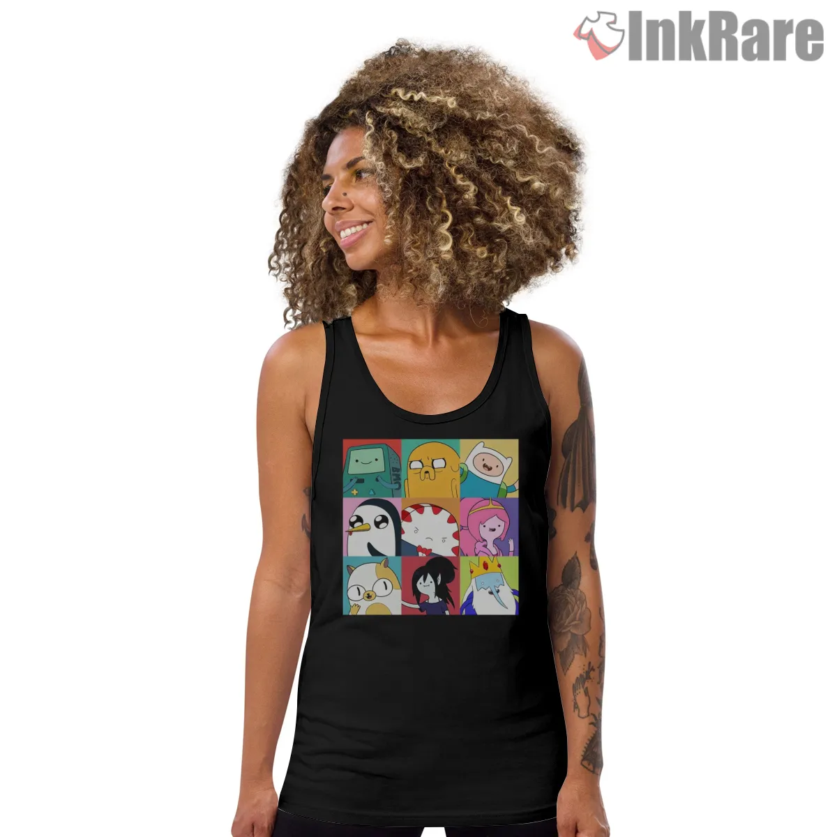 Adventure Time Character Grid Collage Color Block Cartoon Tank Top Black Adventure Time Character Grid Collage Color Block Cartoon Shirt on black tank top for women graphic tee