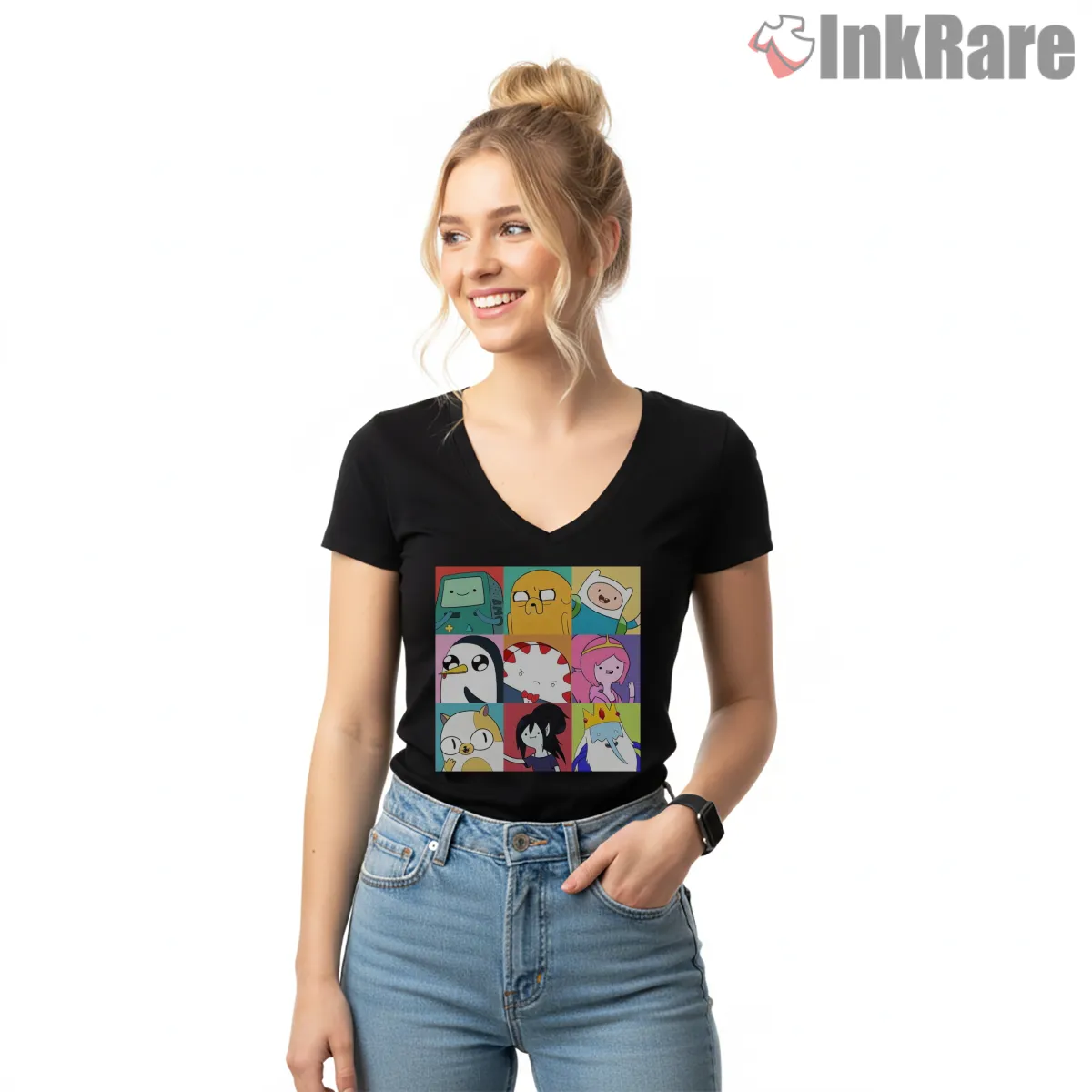 Adventure Time Character Grid Collage Color Block Cartoon V Neck Black Adventure Time Character Grid Collage Color Block Cartoon Shirt on black v-neck shirt for women graphic tee