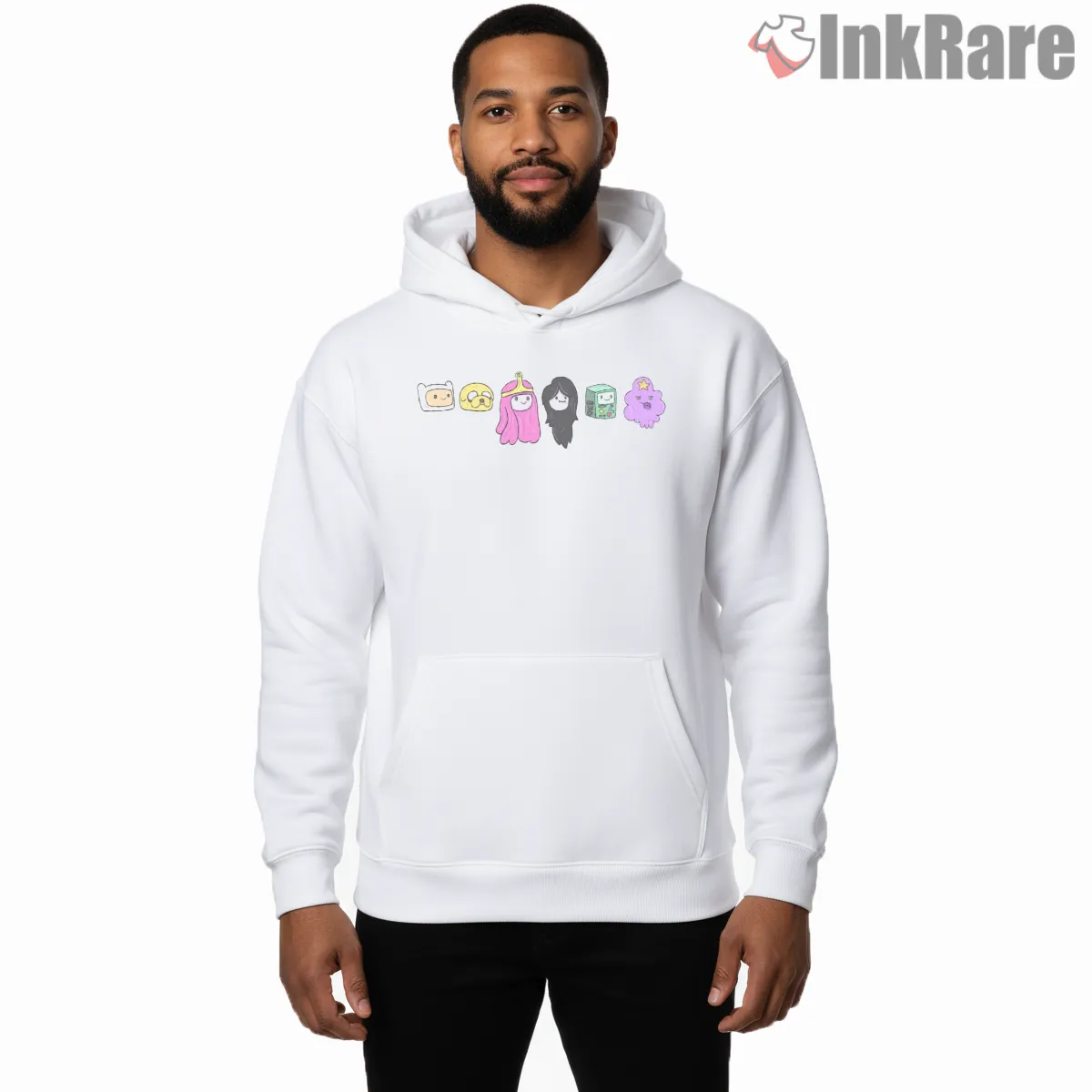 Adventure Time Character Headshot Lineup Minimal Hoodie White Adventure Time Character Headshot Lineup Minimal Shirt on white hoodie for men graphic tee