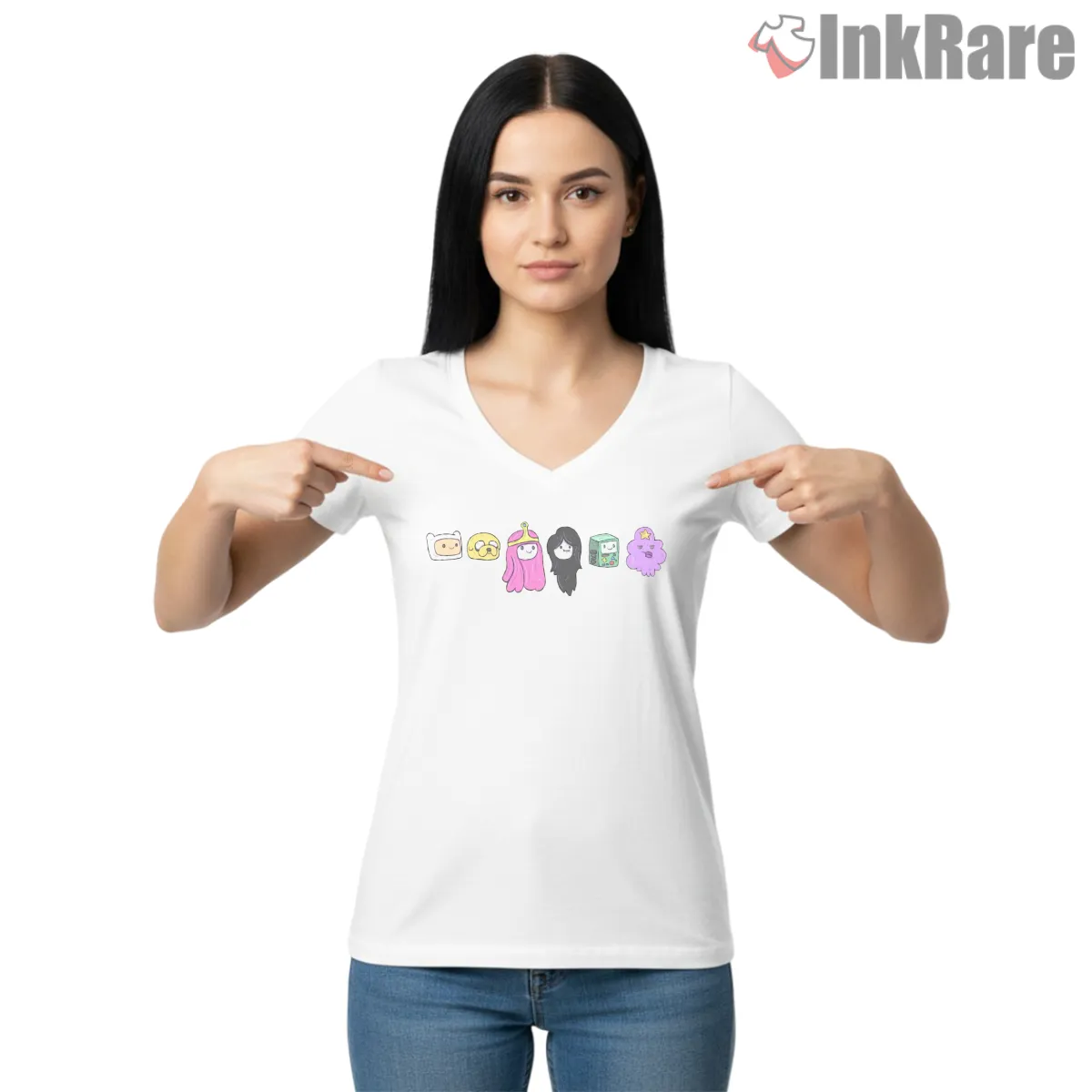 Adventure Time Character Headshot Lineup Minimal V Neck White Adventure Time Character Headshot Lineup Minimal Shirt on white v-neck shirt for women graphic tee