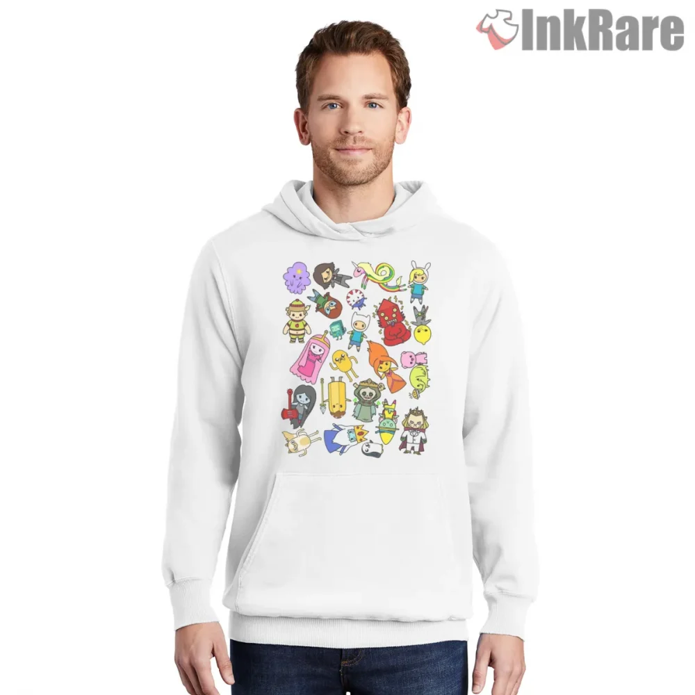 Adventure Time Character Sticker Collage Cartoon Shirt on white hoodie for men graphic tee