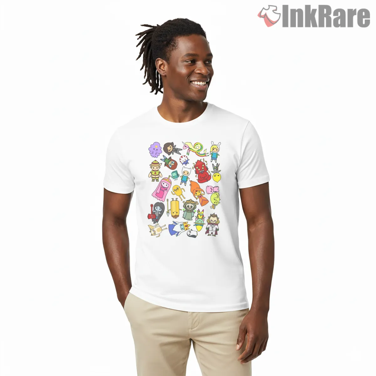 Adventure Time Character Sticker Collage Cartoon Short Sleeve White Adventure Time Character Sticker Collage Cartoon Shirt on white short sleeve shirt for men graphic tee