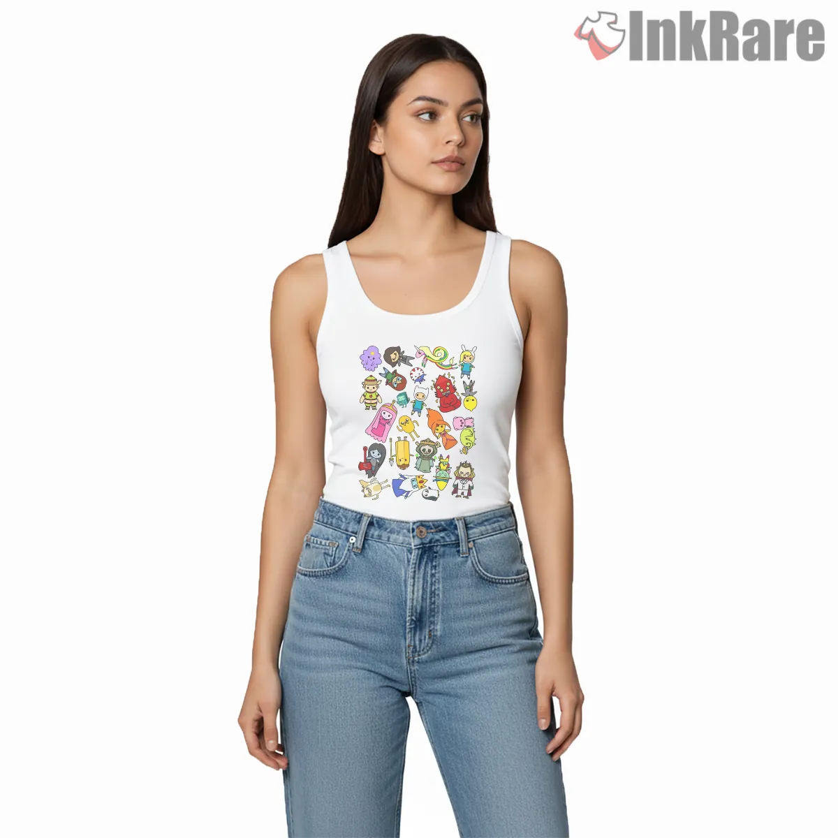 Adventure Time Character Sticker Collage Cartoon Tank Top White Adventure Time Character Sticker Collage Cartoon Shirt on white tank top for women graphic tee