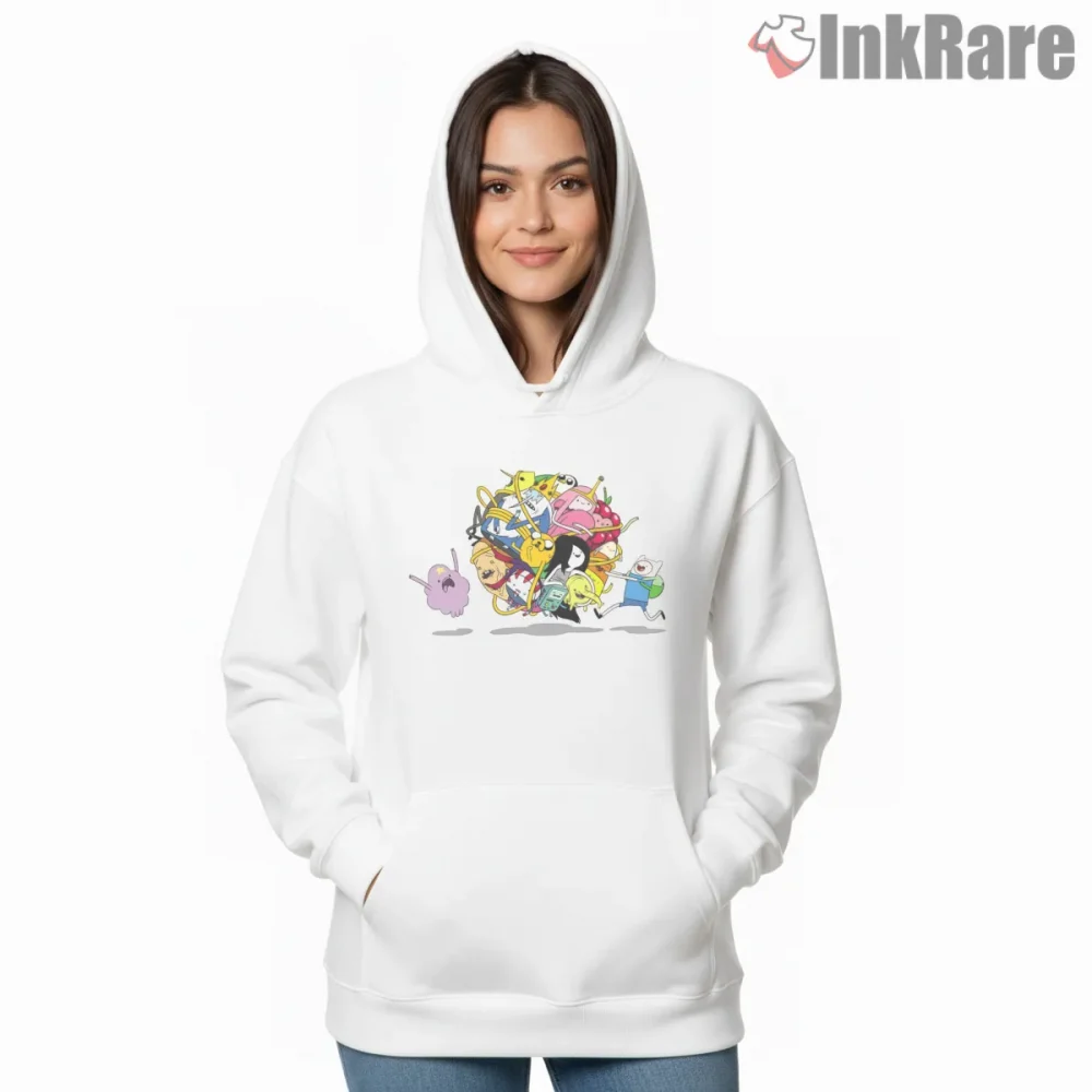 Adventure Time Characters Rolling Chaos Group Cartoon Shirt on white hoodie for women graphic tee
