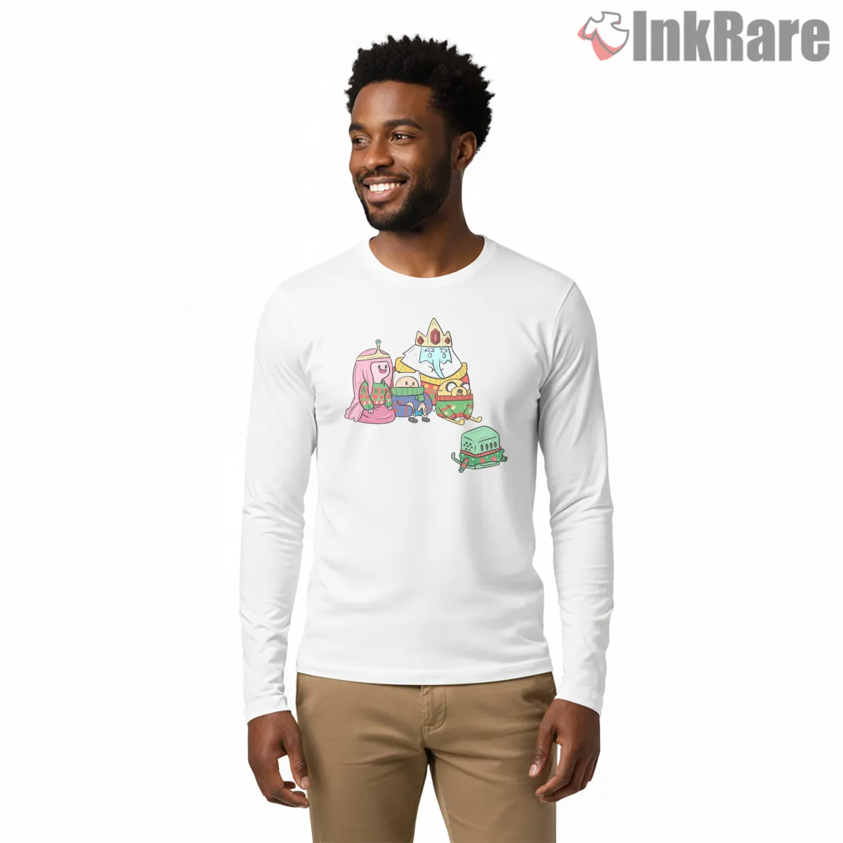 Adventure Time Christmas Group Holiday Cartoon Long Sleeve White Adventure Time Christmas Group Holiday Cartoon Shirt on white long sleeve shirt for men graphic tee