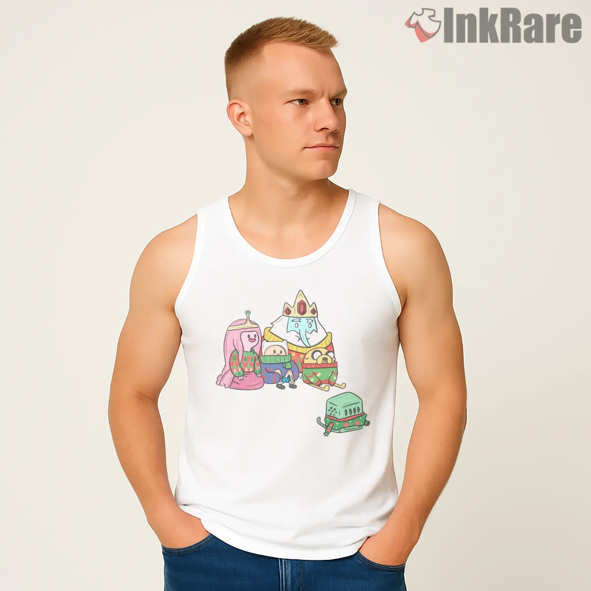 Adventure Time Christmas Group Holiday Cartoon Tank Top White Adventure Time Christmas Group Holiday Cartoon Shirt on white tank top for men graphic tee