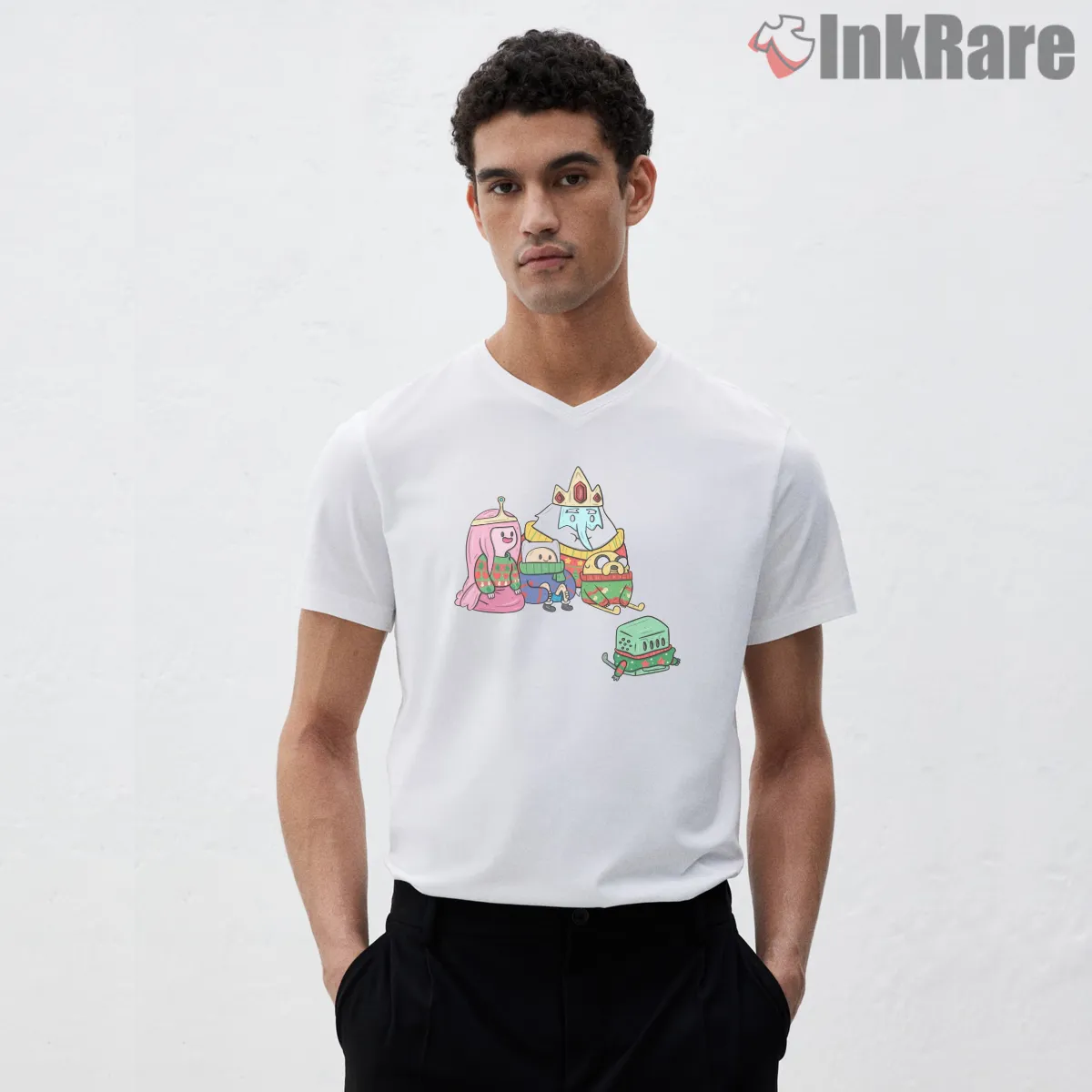 Adventure Time Christmas Group Holiday Cartoon V Neck White Adventure Time Christmas Group Holiday Cartoon Shirt on white v-neck shirt for men graphic tee