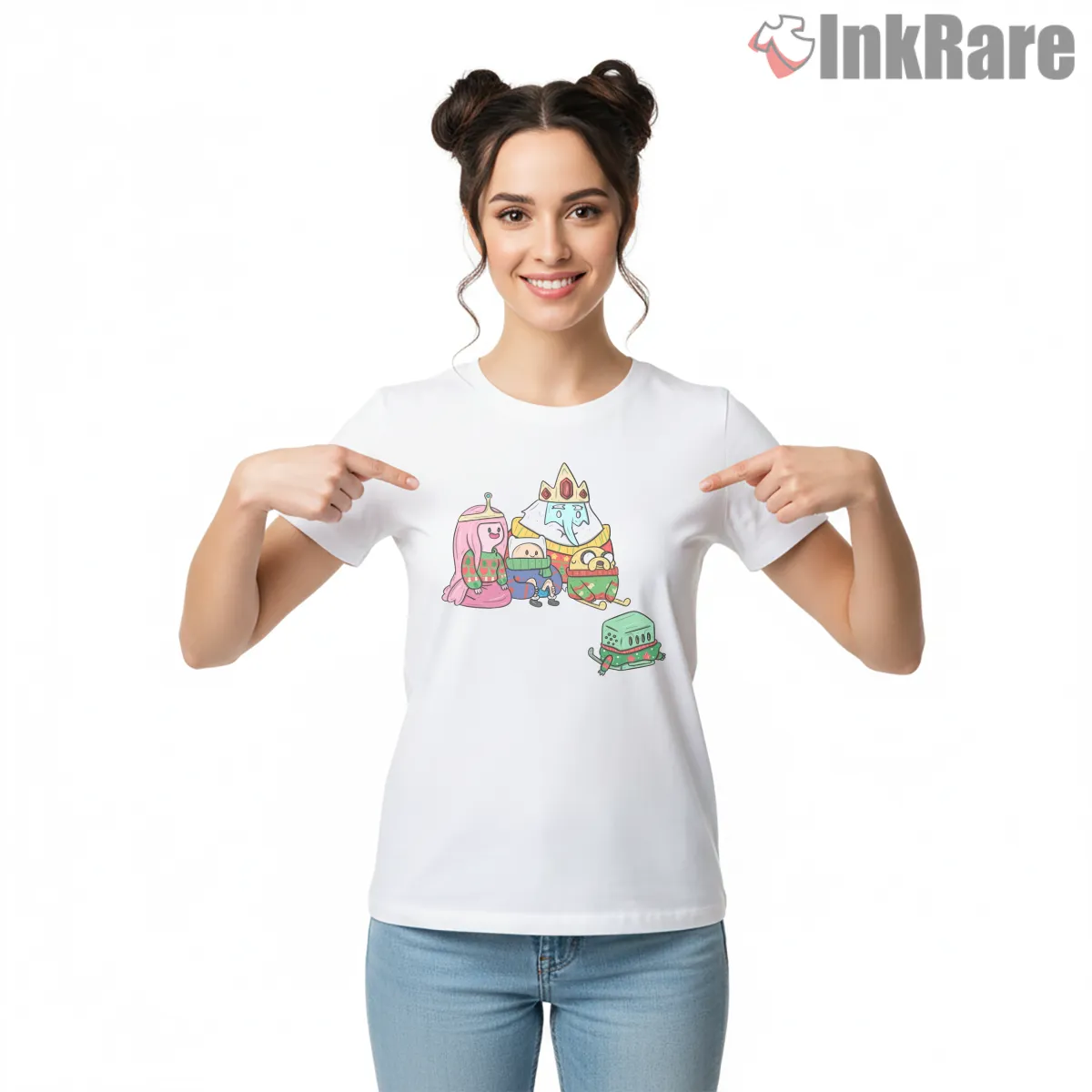 Adventure Time Christmas Group Holiday Cartoon Short Sleeve White Adventure Time Christmas Group Holiday Cartoon Shirt on white short sleeve shirt for women graphic tee