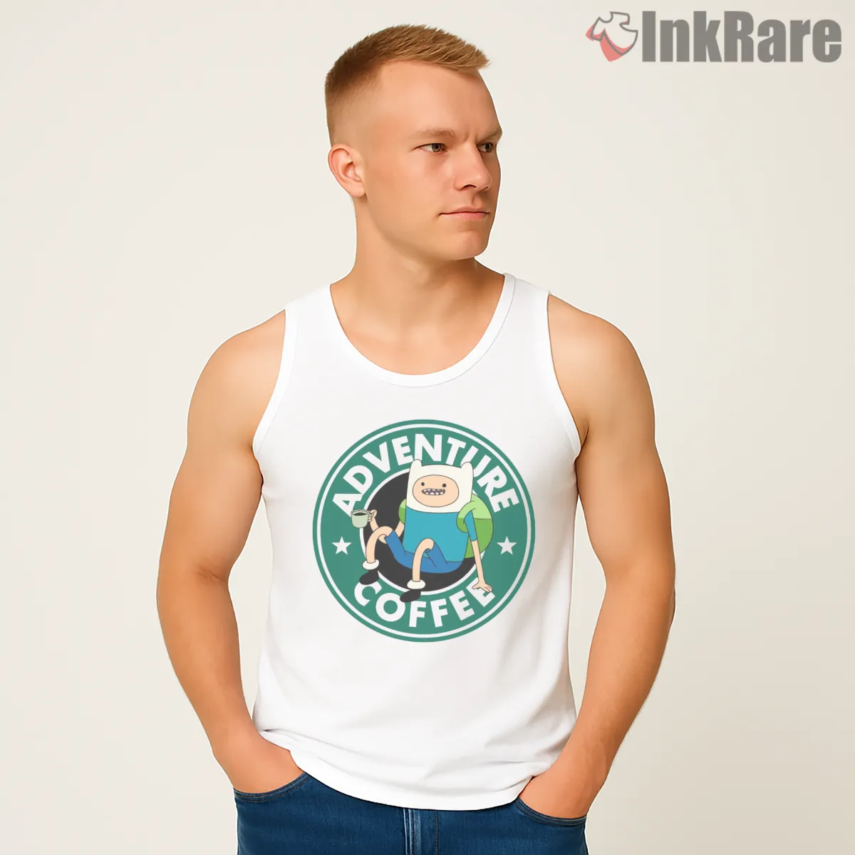 Adventure Time Coffee Parody Logo Cartoon Tank Top White Adventure Time Coffee Parody Logo Cartoon Shirt on white tank top for men graphic tee