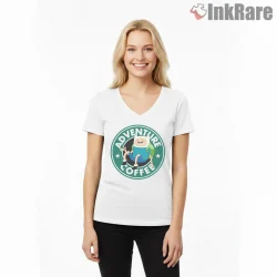 Adventure Time Coffee Parody Logo Cartoon Shirt on white v-neck shirt for women graphic tee