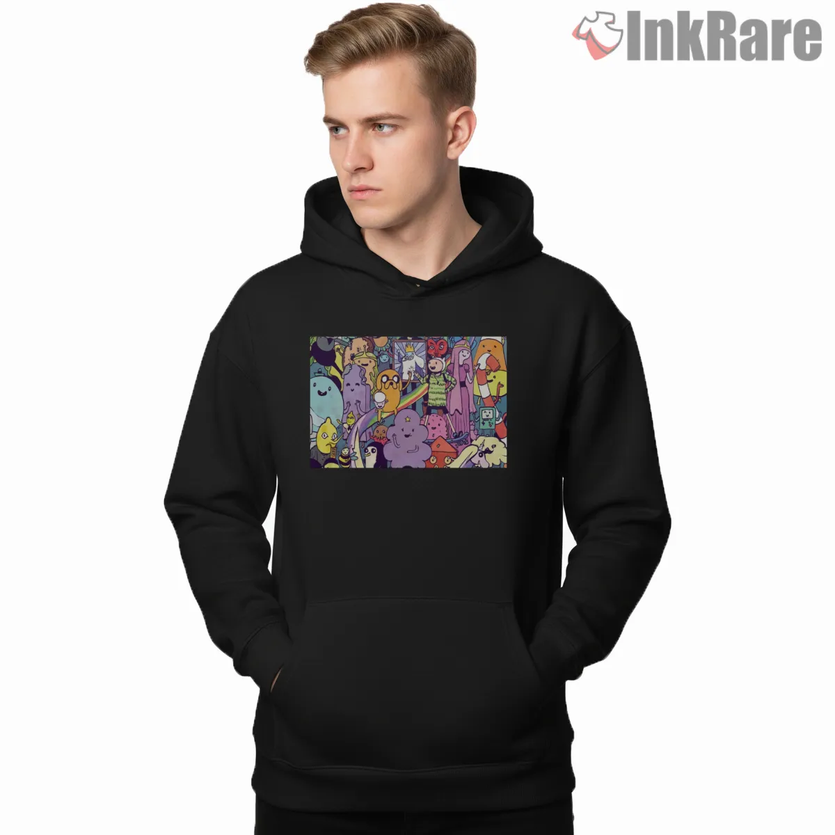 Adventure Time Crowd Scene Colorful Character Collage Hoodie Black Adventure Time Crowd Scene Colorful Character Collage Shirt on black hoodie for men graphic tee