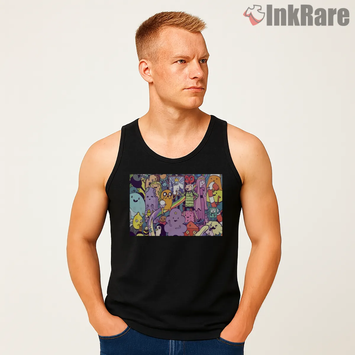 Adventure Time Crowd Scene Colorful Character Collage Tank Top Black Adventure Time Crowd Scene Colorful Character Collage Shirt on black tank top for men graphic tee