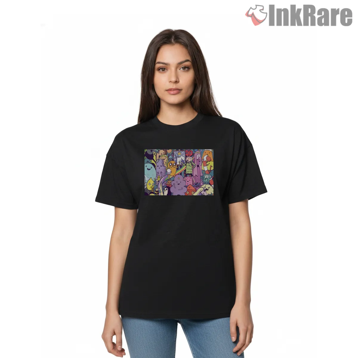 Adventure Time Crowd Scene Colorful Character Collage Short Sleeve Black Adventure Time Crowd Scene Colorful Character Collage Shirt on black short sleeve shirt for women graphic tee