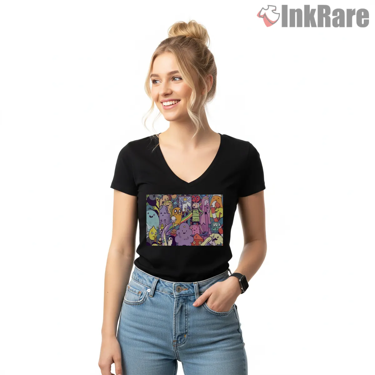 Adventure Time Crowd Scene Colorful Character Collage V Neck Black Adventure Time Crowd Scene Colorful Character Collage Shirt on black v-neck shirt for women graphic tee