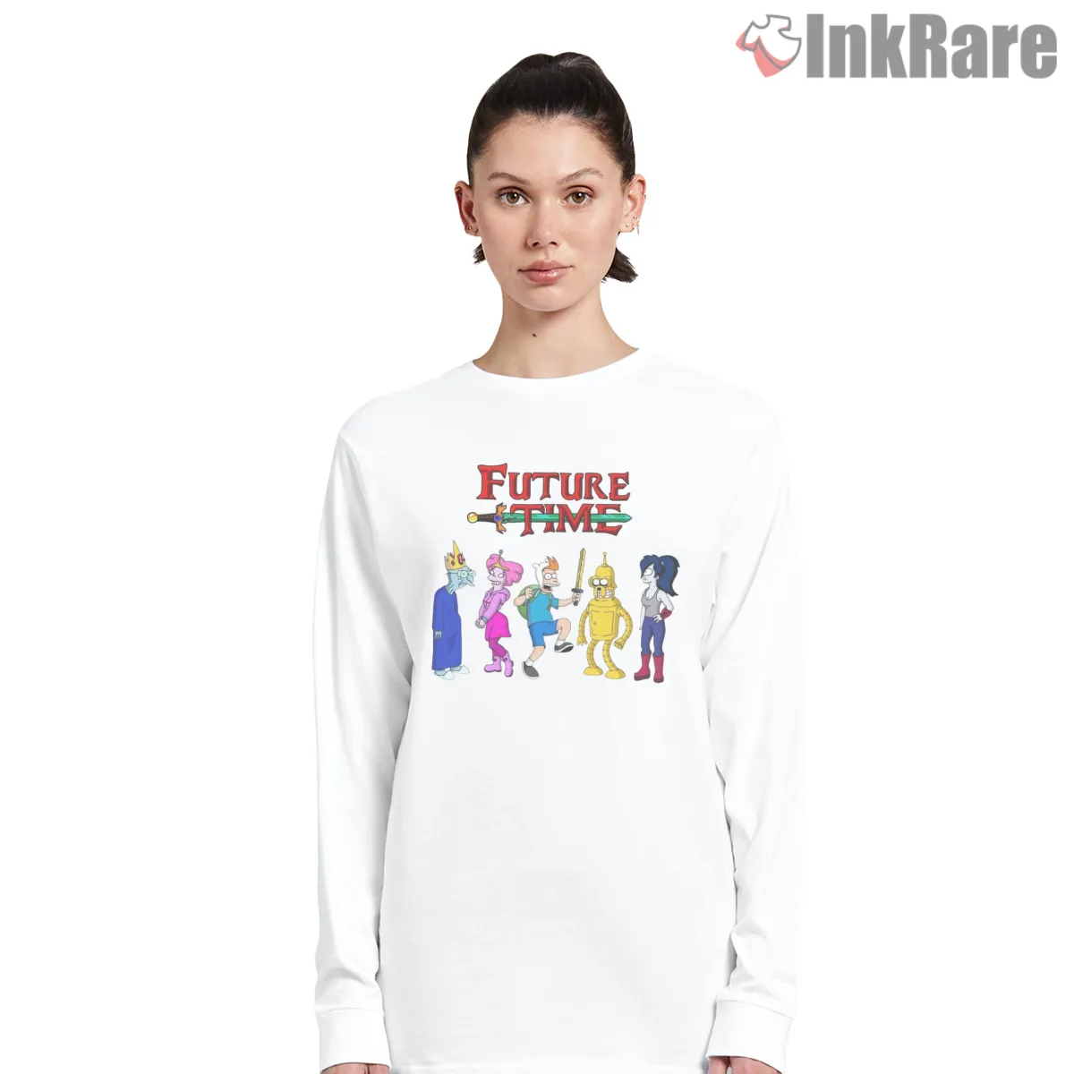 Adventure Time Futurama Character Mashup Group Long Sleeve White Adventure Time Futurama Character Mashup Group Shirt on white long sleeve shirt for women graphic tee
