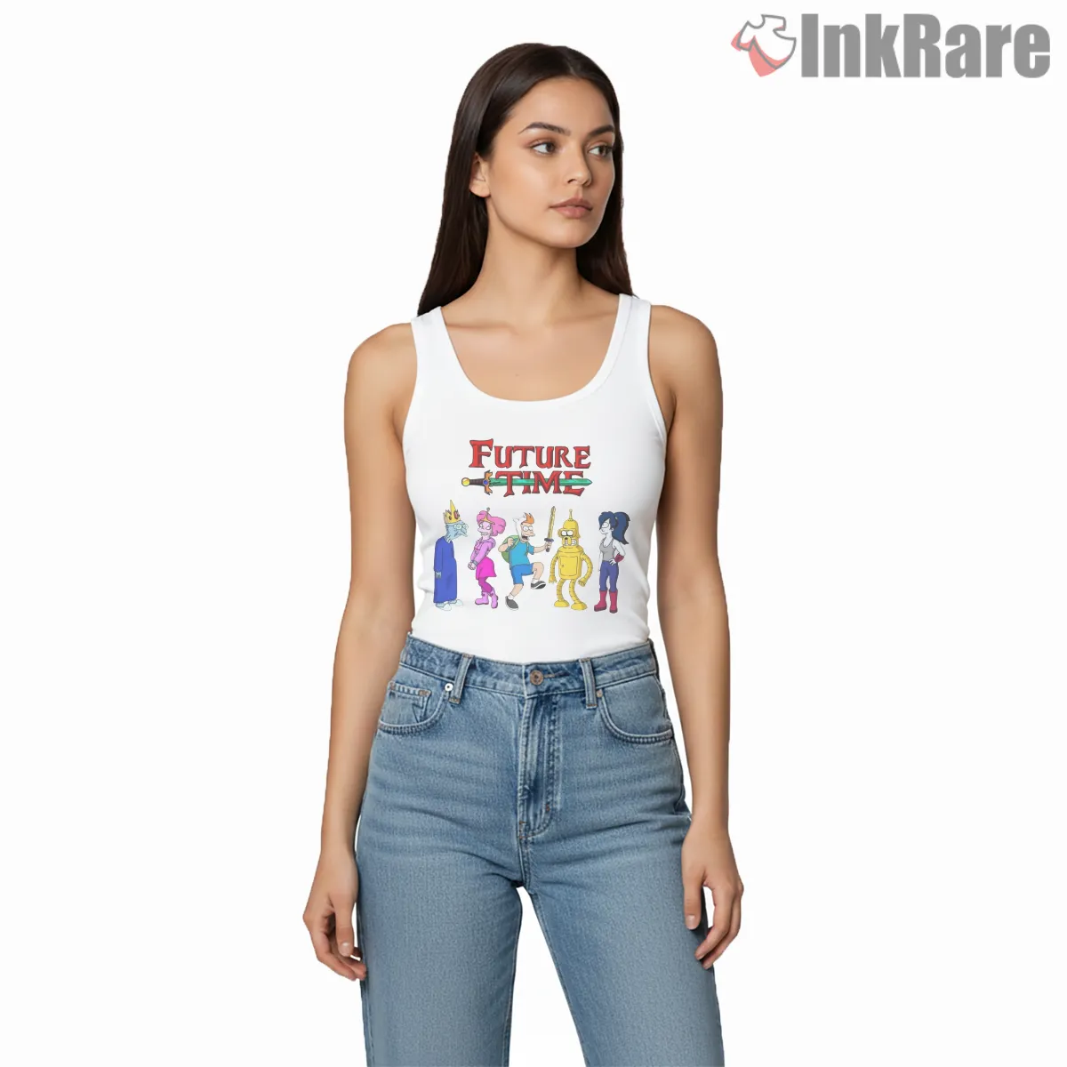 Adventure Time Futurama Character Mashup Group Tank Top White Adventure Time Futurama Character Mashup Group Shirt on white tank top for women graphic tee