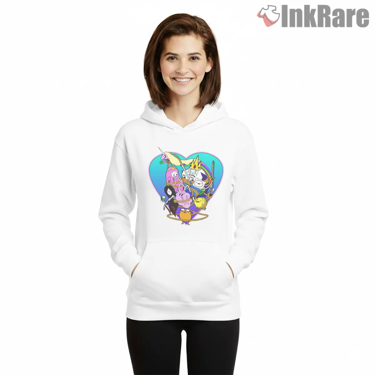 Adventure Time Group Heart Frame Colorful Cartoon Hoodie White Adventure Time Group Heart Frame Colorful Cartoon Shirt on white hoodie for women graphic tee