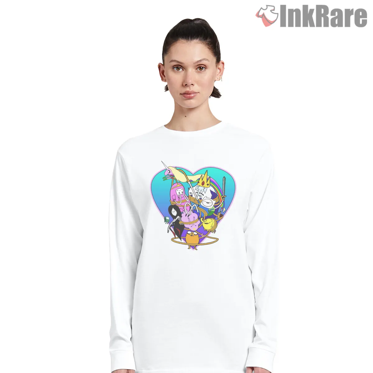 Adventure Time Group Heart Frame Colorful Cartoon Shirt on white long sleeve shirt for women graphic tee