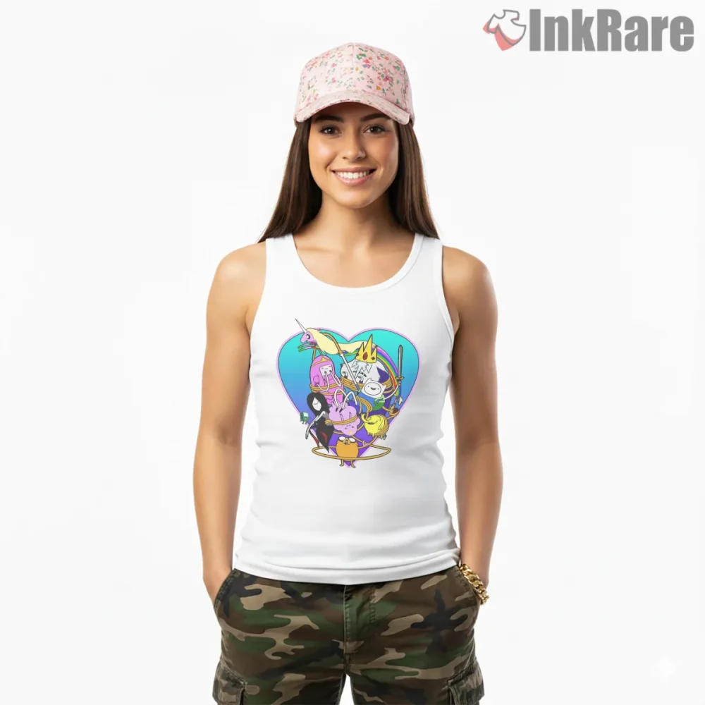 Adventure Time Group Heart Frame Colorful Cartoon Shirt on white tank top for women graphic tee