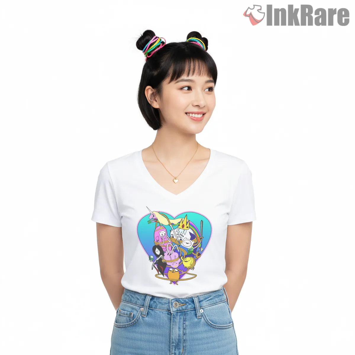 Adventure Time Group Heart Frame Colorful Cartoon V Neck White Adventure Time Group Heart Frame Colorful Cartoon Shirt on white v-neck shirt for women graphic tee
