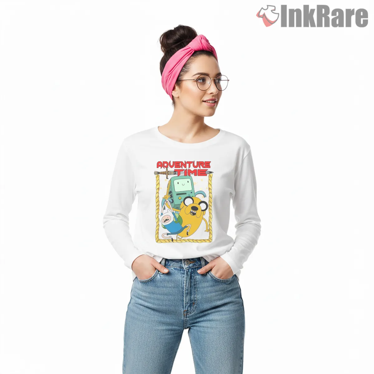 Adventure Time Group Rope Frame Cute Cartoon Long Sleeve White Adventure Time Group Rope Frame Cute Cartoon Shirt on white long sleeve shirt for women graphic tee