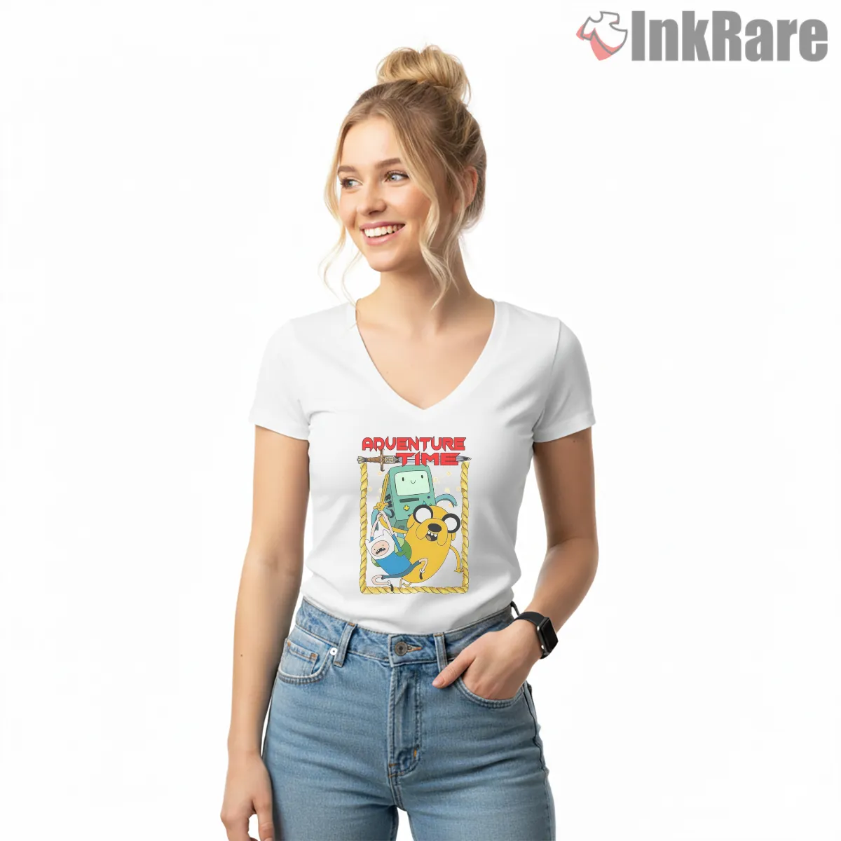 Adventure Time Group Rope Frame Cute Cartoon V Neck White Adventure Time Group Rope Frame Cute Cartoon Shirt on white v-neck shirt for women graphic tee