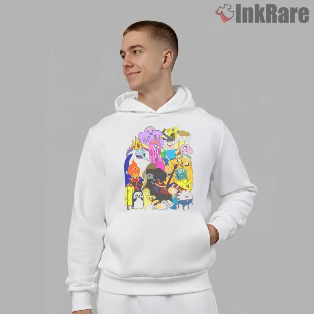 Adventure Time Large Group Chaos Cartoon Shirt on white hoodie for men graphic tee