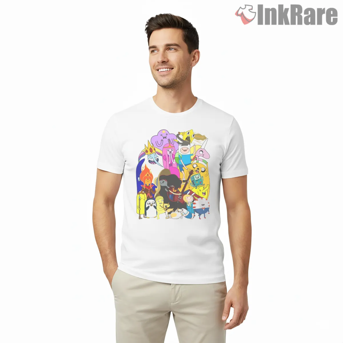 Adventure Time Large Group Chaos Cartoon Short Sleeve White Adventure Time Large Group Chaos Cartoon Shirt on white short sleeve shirt for men graphic tee