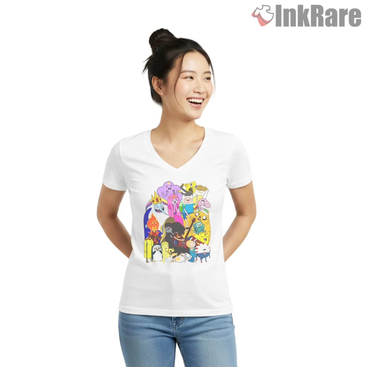 Adventure Time Large Group Chaos Cartoon V Neck White Adventure Time Large Group Chaos Cartoon Shirt on white v-neck shirt for women graphic tee