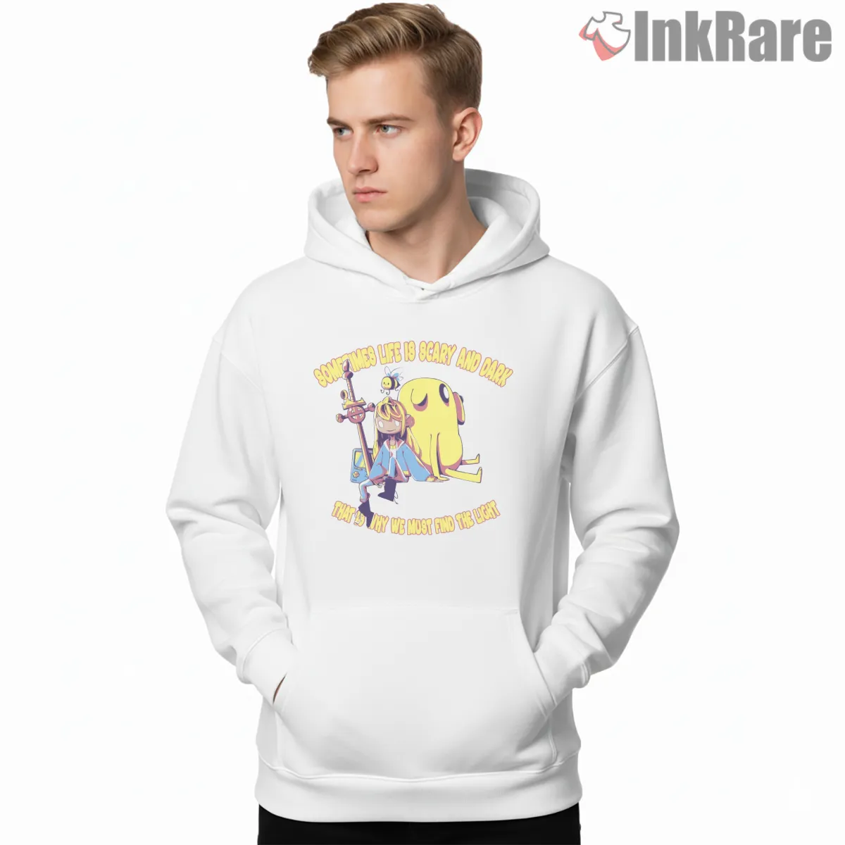 Adventure Time Life Is Scary And Dark Motivational Cartoon Hoodie White Adventure Time Life Is Scary And Dark Motivational Cartoon Shirt on white hoodie for men graphic tee