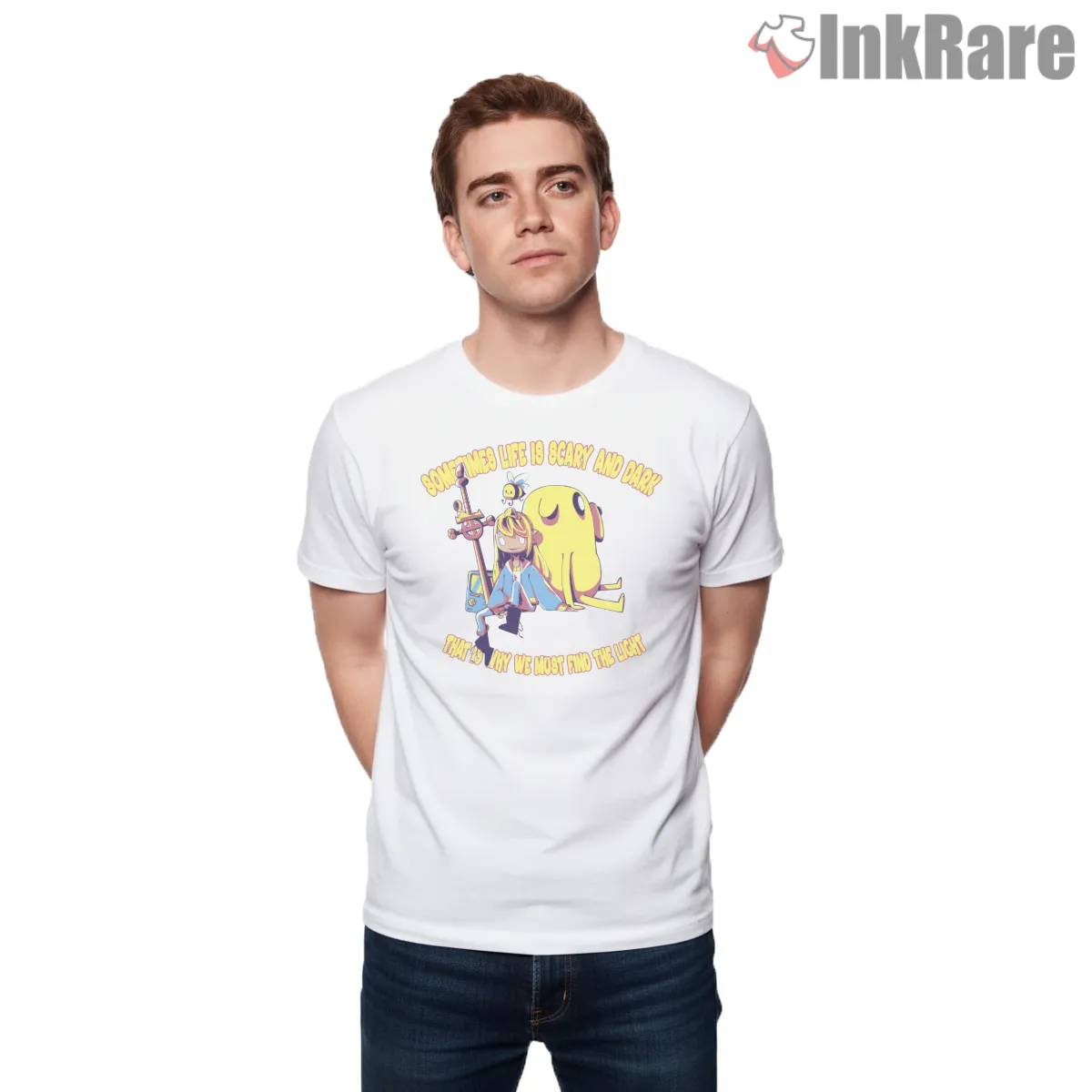 Adventure Time Life Is Scary And Dark Motivational Cartoon Short Sleeve White Adventure Time Life Is Scary And Dark Motivational Cartoon Shirt on white short sleeve shirt for men graphic tee